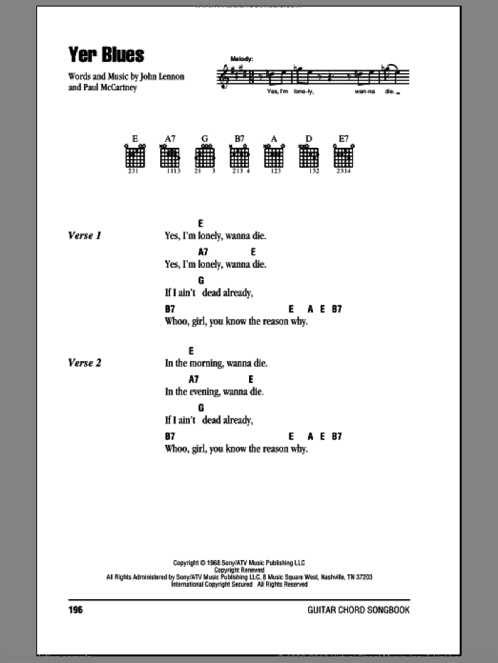 Yer Blues sheet music for guitar (chords) by The Beatles, John Lennon and Paul McCartney, intermediate skill level