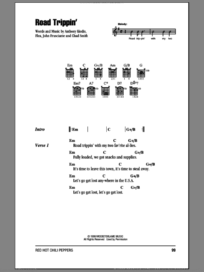 Road Trippin' sheet music for guitar (chords) by Red Hot Chili Peppers, Anthony Kiedis, Chad Smith, Flea and John Frusciante, intermediate skill level