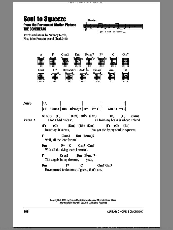Soul To Squeeze sheet music for guitar (chords) by Red Hot Chili Peppers, Anthony Kiedis, Chad Smith, Flea and John Frusciante, intermediate skill level