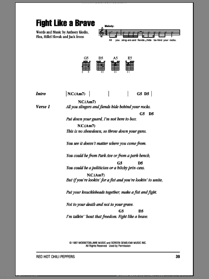 Fight Like A Brave sheet music for guitar (chords) by Red Hot Chili Peppers, Anthony Kiedis, Flea, Hillel Slovak and Jack Irons, intermediate skill level
