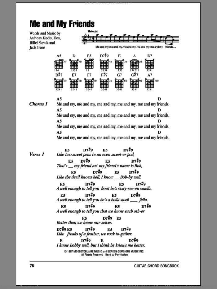 Me And My Friends sheet music for guitar (chords) by Red Hot Chili Peppers, Anthony Kiedis, Flea, Hillel Slovak and Jack Irons, intermediate skill level