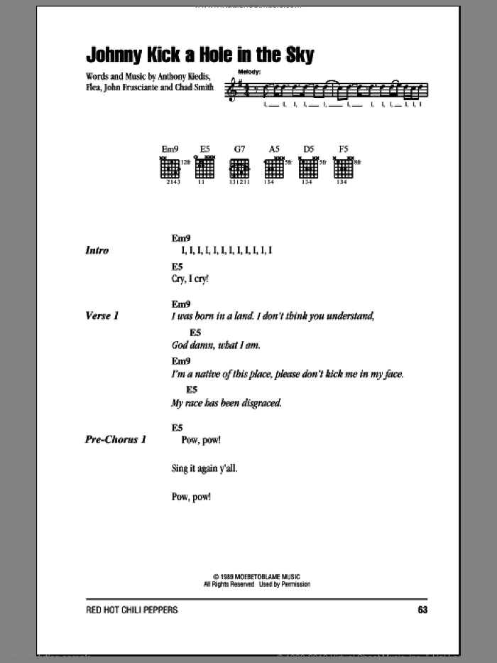 Johnny Kick A Hole In The Sky sheet music for guitar (chords) by Red Hot Chili Peppers, Anthony Kiedis, Chad Smith, Flea and John Frusciante, intermediate skill level