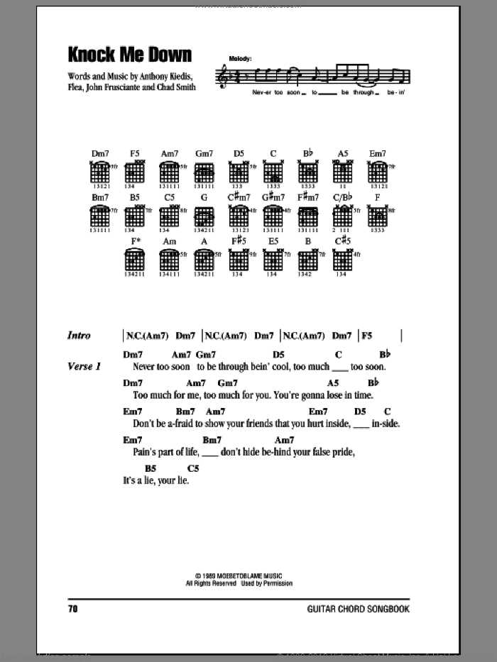 Knock Me Down sheet music for guitar (chords) by Red Hot Chili Peppers, Anthony Kiedis, Chad Smith, Flea and John Frusciante, intermediate skill level