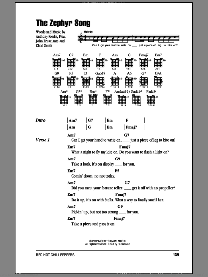The Zephyr Song sheet music for guitar (chords) by Red Hot Chili Peppers, Anthony Kiedis, Chad Smith, Flea and John Frusciante, intermediate skill level