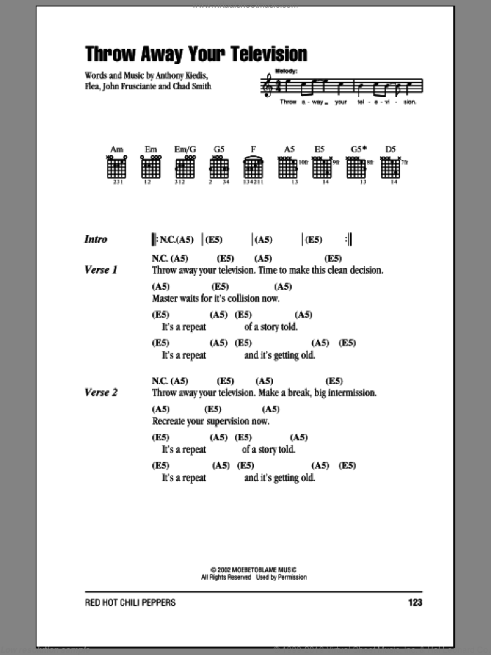 Throw Away Your Television sheet music for guitar (chords) by Red Hot Chili Peppers, Anthony Kiedis, Chad Smith, Flea and John Frusciante, intermediate skill level