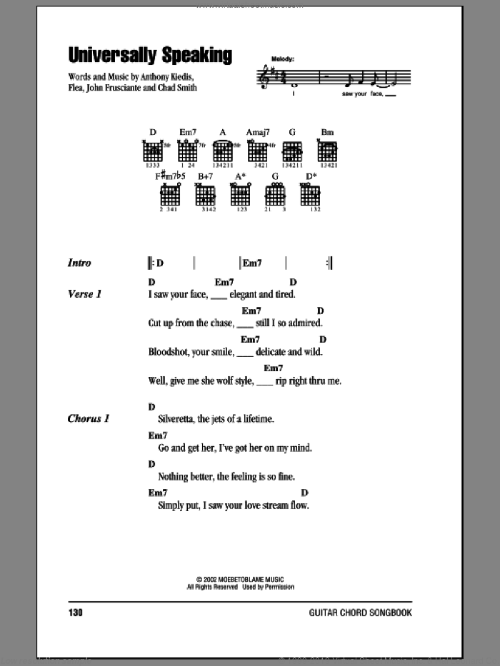 Universally Speaking sheet music for guitar (chords) by Red Hot Chili Peppers, Anthony Kiedis, Chad Smith, Flea and John Frusciante, intermediate skill level