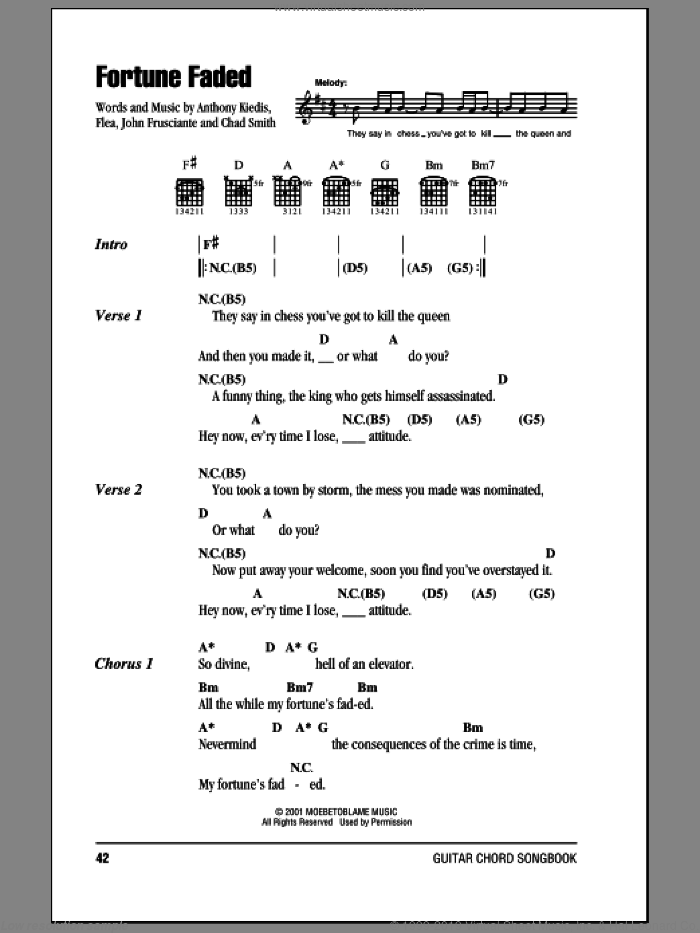 Fortune Faded sheet music for guitar (chords) by Red Hot Chili Peppers, Anthony Kiedis, Chad Smith, Flea and John Frusciante, intermediate skill level