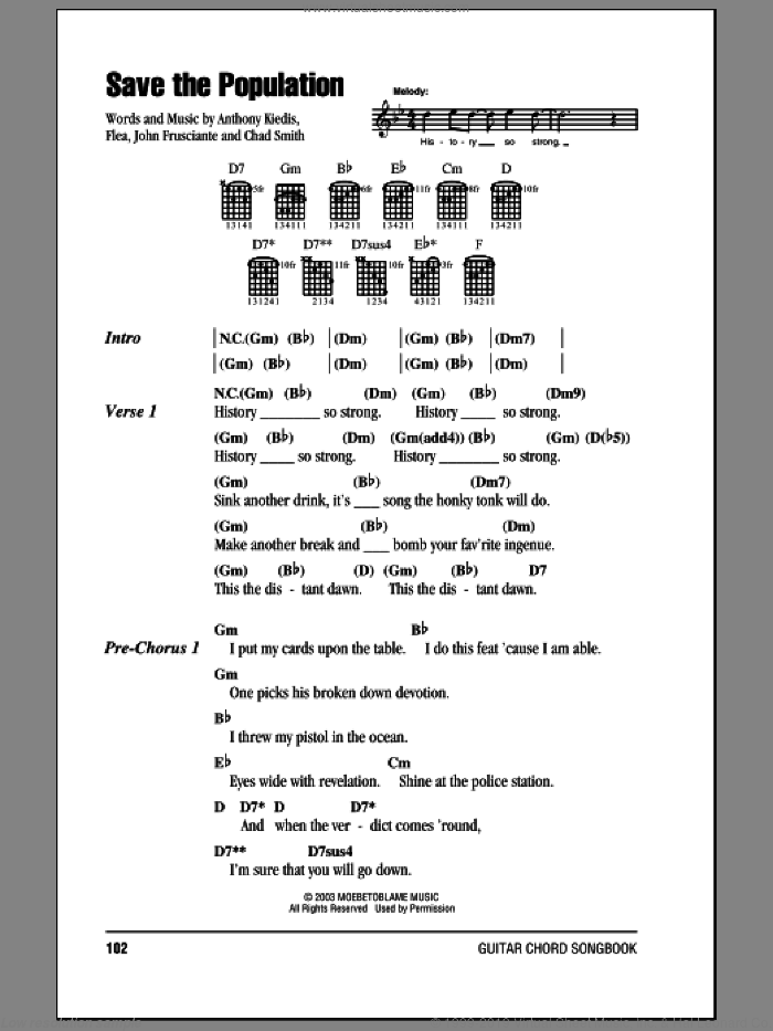 Save The Population sheet music for guitar (chords) by Red Hot Chili Peppers, Anthony Kiedis, Chad Smith, Flea and John Frusciante, intermediate skill level