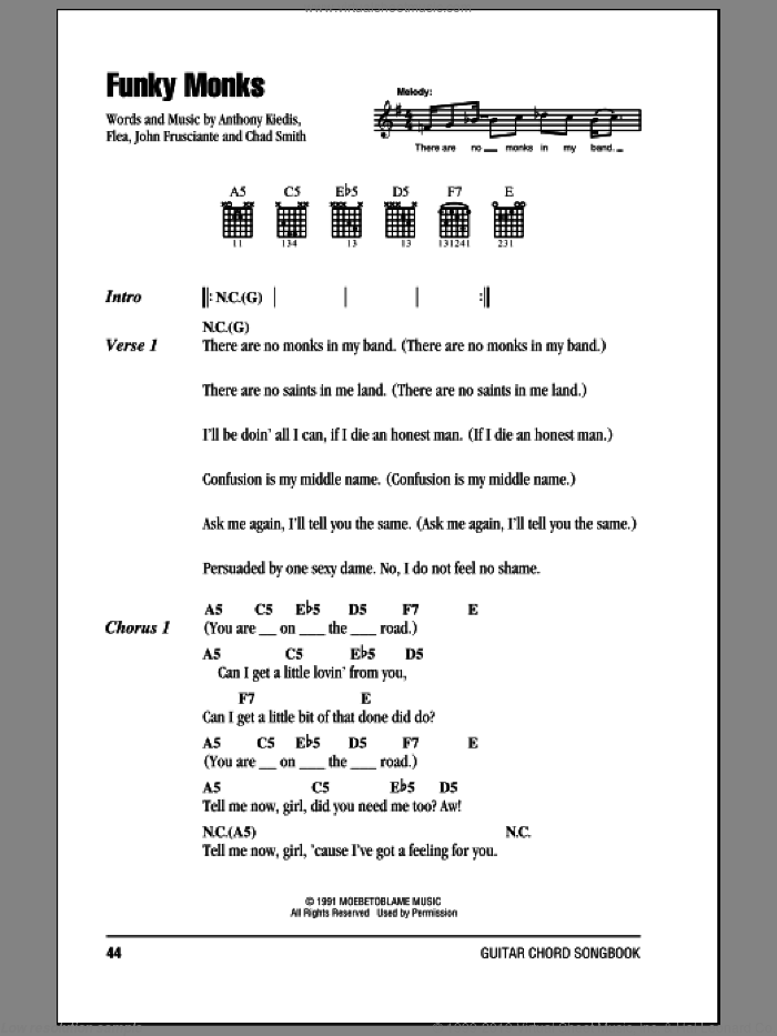 Funky Monks sheet music for guitar (chords) by Red Hot Chili Peppers, Anthony Kiedis, Chad Smith, Flea and John Frusciante, intermediate skill level