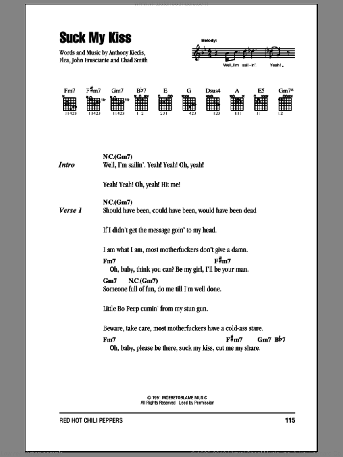 Suck My Kiss sheet music for guitar (chords) by Red Hot Chili Peppers, Anthony Kiedis, Chad Smith, Flea and John Frusciante, intermediate skill level