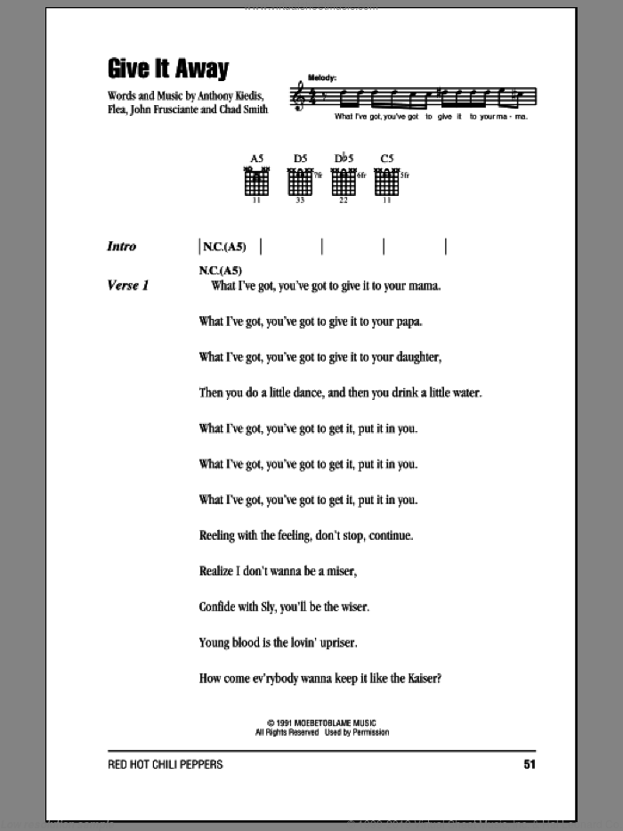 Give It Away sheet music for guitar (chords) by Red Hot Chili Peppers, Anthony Kiedis, Chad Smith, Flea and John Frusciante, intermediate skill level