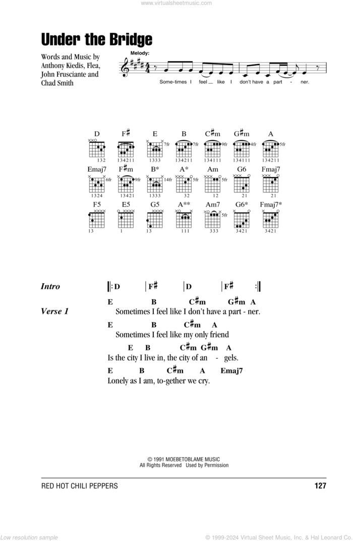 Under The Bridge sheet music for guitar (chords) by Red Hot Chili Peppers, Anthony Kiedis, Chad Smith, Flea and John Frusciante, intermediate skill level