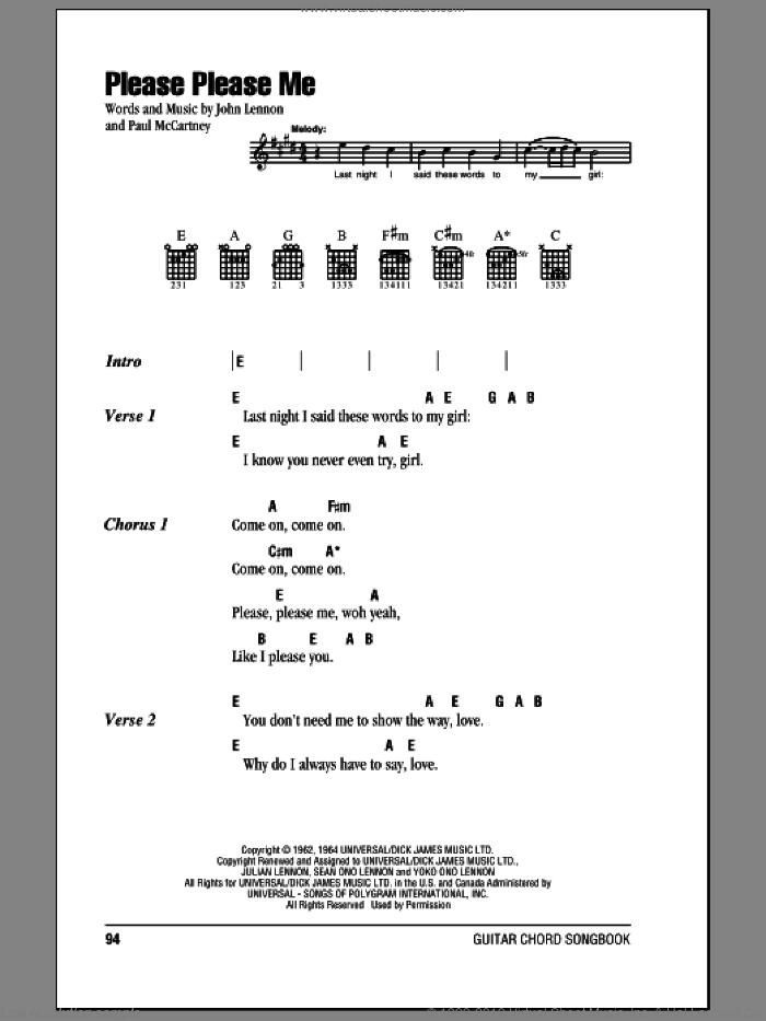 Please Please Me sheet music for guitar (chords) by The Beatles, John Lennon and Paul McCartney, intermediate skill level