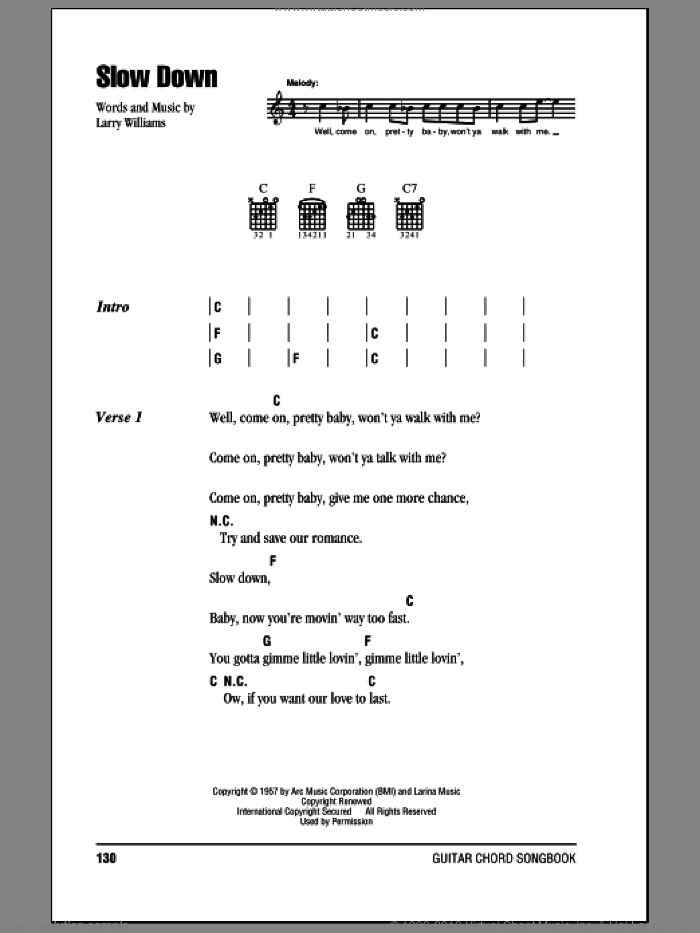 Slow Down sheet music for guitar (chords) by The Beatles and Larry Williams, intermediate skill level