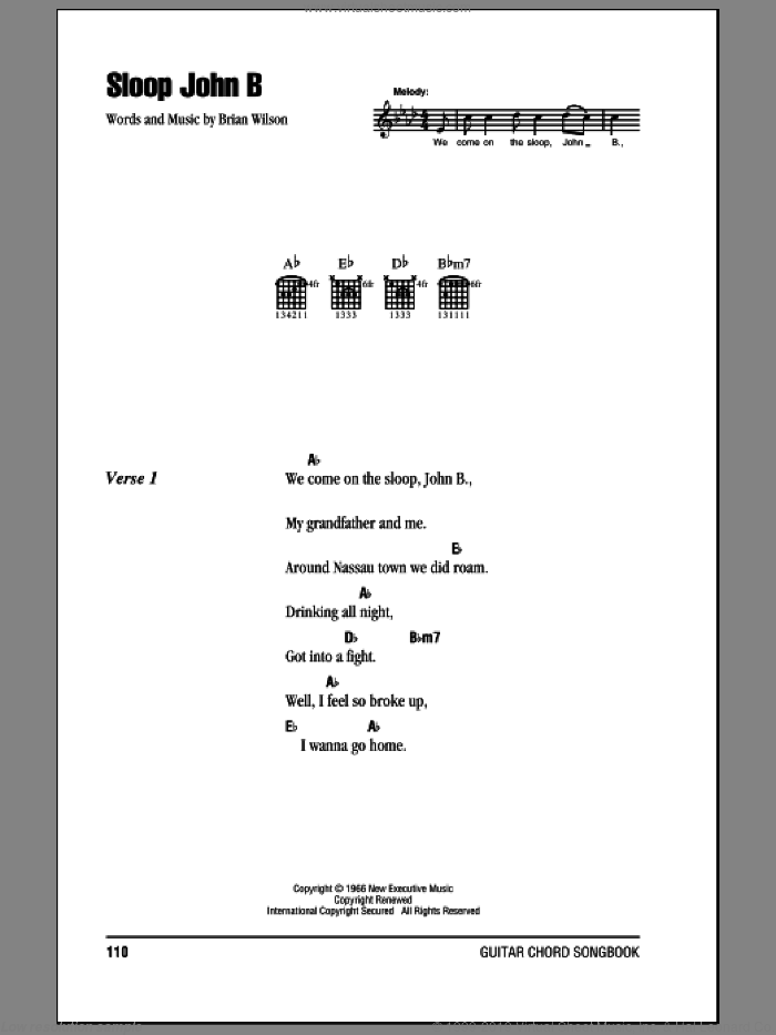 Sloop John B sheet music for guitar (chords) by The Beach Boys and Brian Wilson, intermediate skill level
