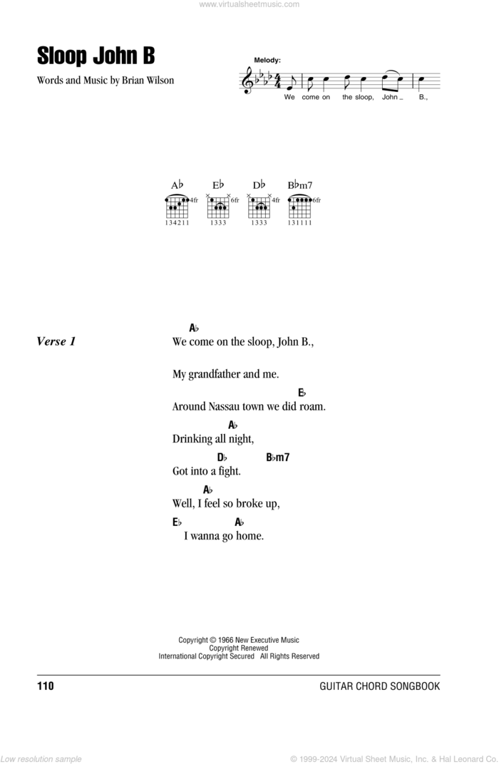 Sloop John B sheet music for guitar (chords) by The Beach Boys and Brian Wilson, intermediate skill level