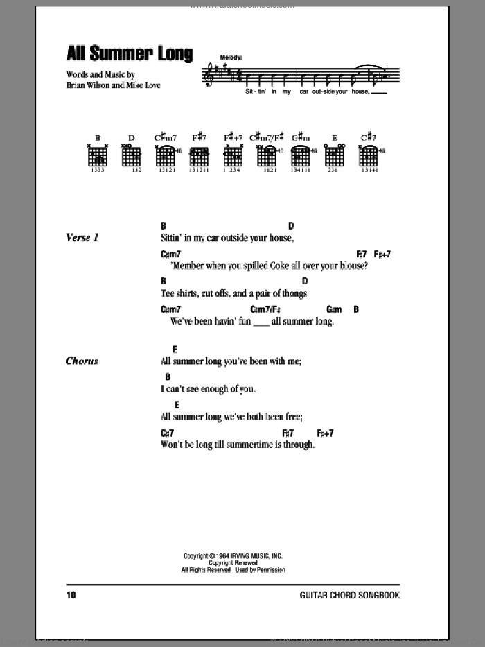 All Summer Long sheet music for guitar (chords) by The Beach Boys, Brian Wilson and Mike Love, intermediate skill level