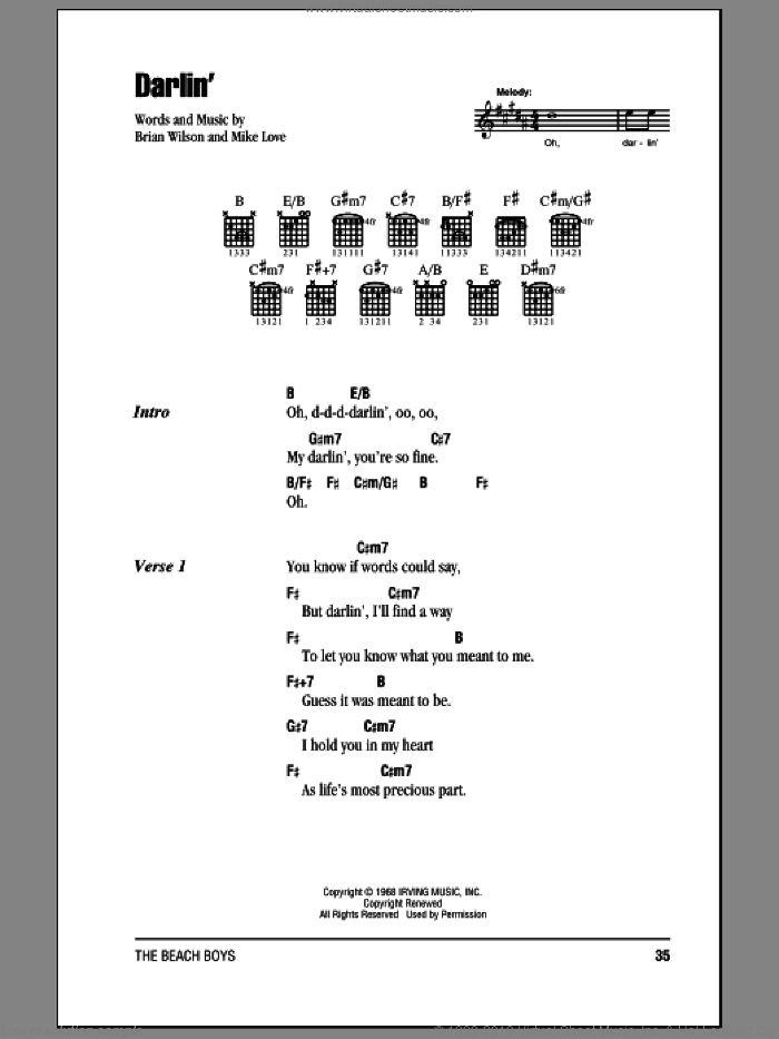 Darlin' sheet music for guitar (chords) by The Beach Boys, Brian Wilson and Mike Love, intermediate skill level