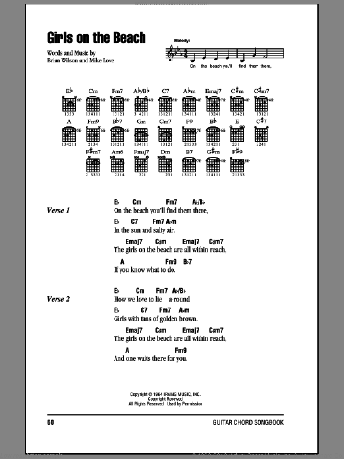Girls On The Beach sheet music for guitar (chords) by The Beach Boys, Brian Wilson and Mike Love, intermediate skill level