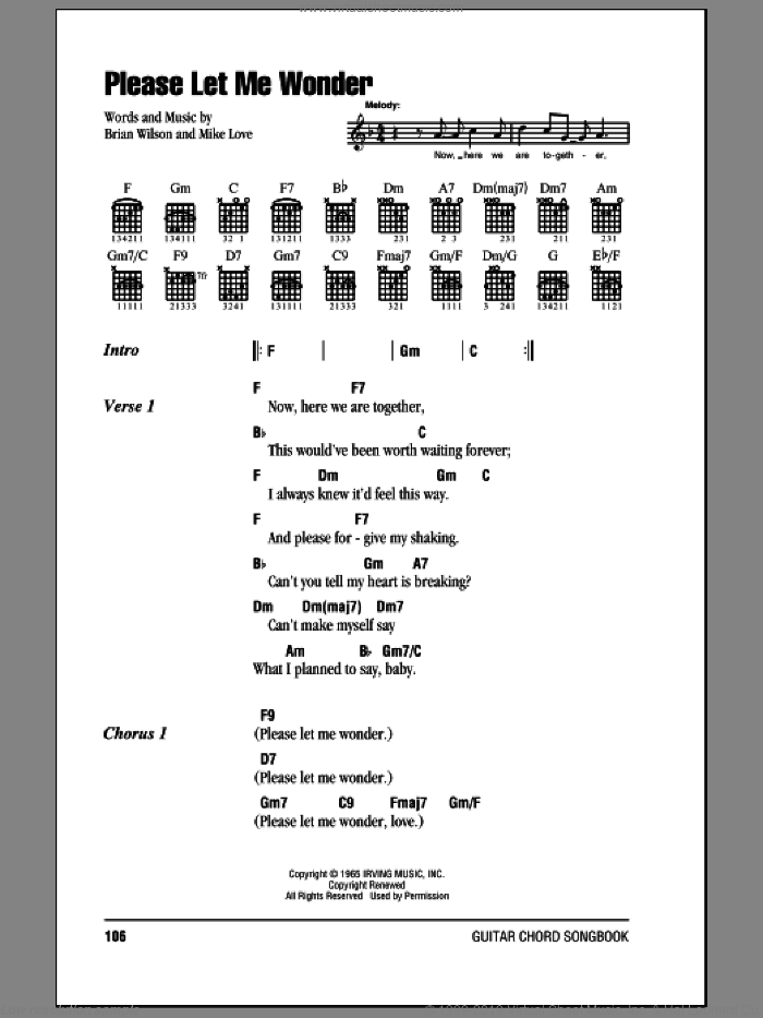 Please Let Me Wonder sheet music for guitar (chords) by The Beach Boys, Brian Wilson and Mike Love, intermediate skill level