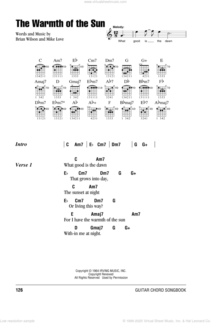 The Warmth Of The Sun sheet music for guitar (chords) by The Beach Boys, Brian Wilson and Mike Love, intermediate skill level