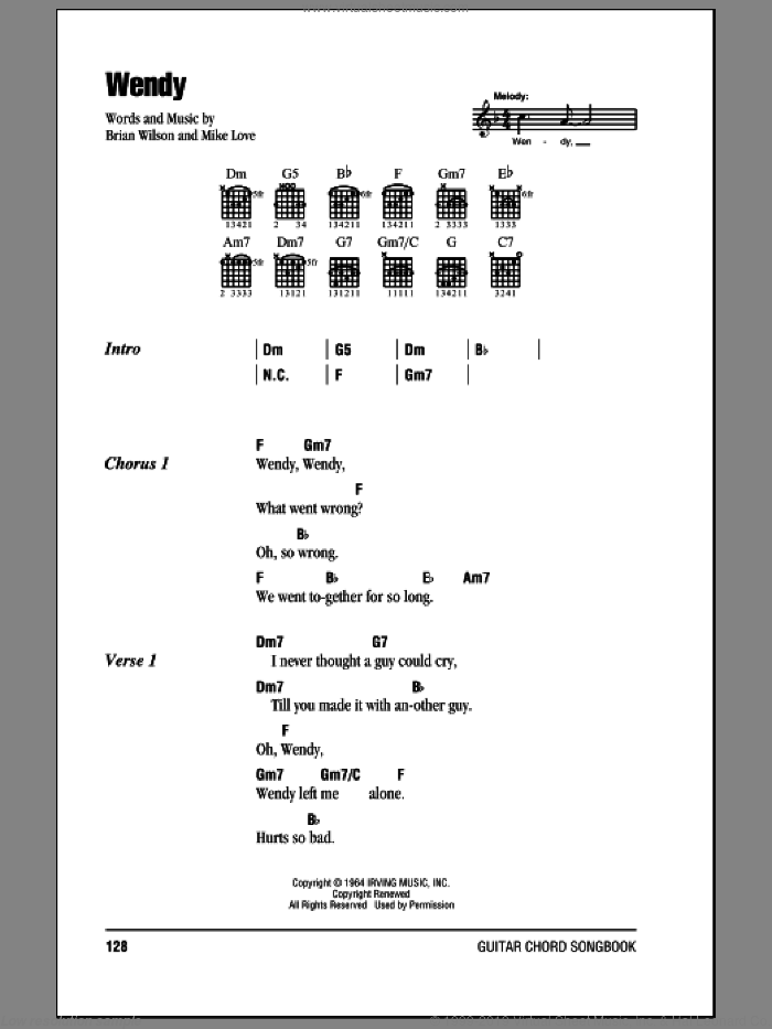 Wendy sheet music for guitar (chords) by The Beach Boys, Brian Wilson and Mike Love, intermediate skill level
