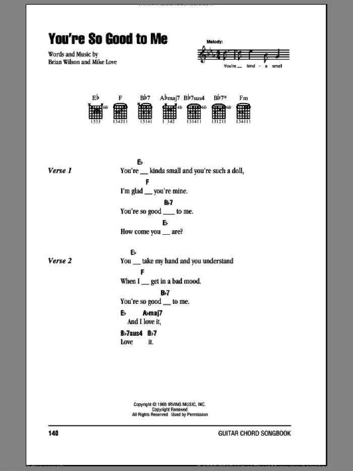 You're So Good To Me sheet music for guitar (chords) by The Beach Boys, Brian Wilson and Mike Love, intermediate skill level