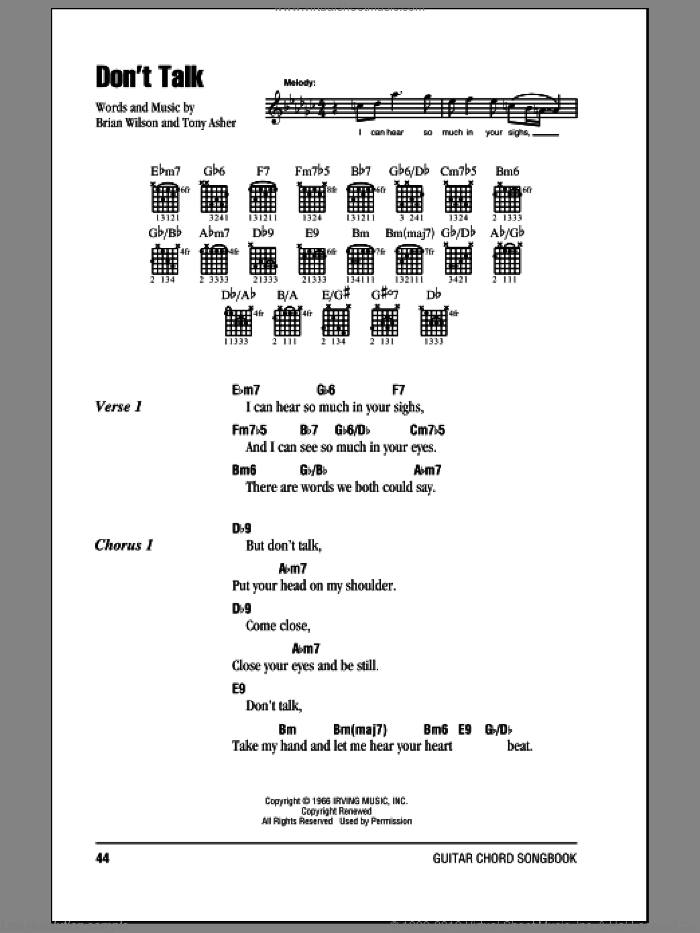 Don't Talk sheet music for guitar (chords) by The Beach Boys, Brian Wilson and Tony Asher, intermediate skill level