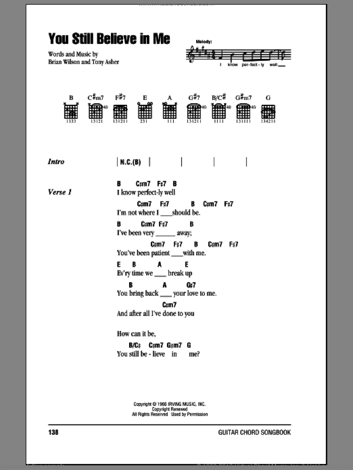 You Still Believe In Me sheet music for guitar (chords) by The Beach Boys, Brian Wilson and Tony Asher, intermediate skill level
