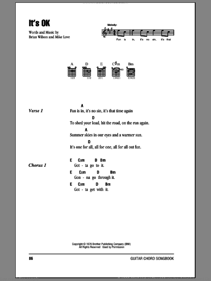 It's OK sheet music for guitar (chords) by The Beach Boys, Brian Wilson and Mike Love, intermediate skill level