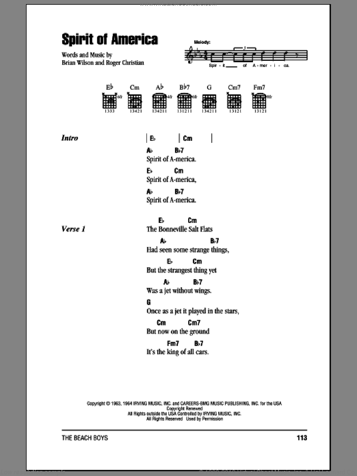 Spirit Of America sheet music for guitar (chords) by The Beach Boys, Brian Wilson and Roger Christian, intermediate skill level