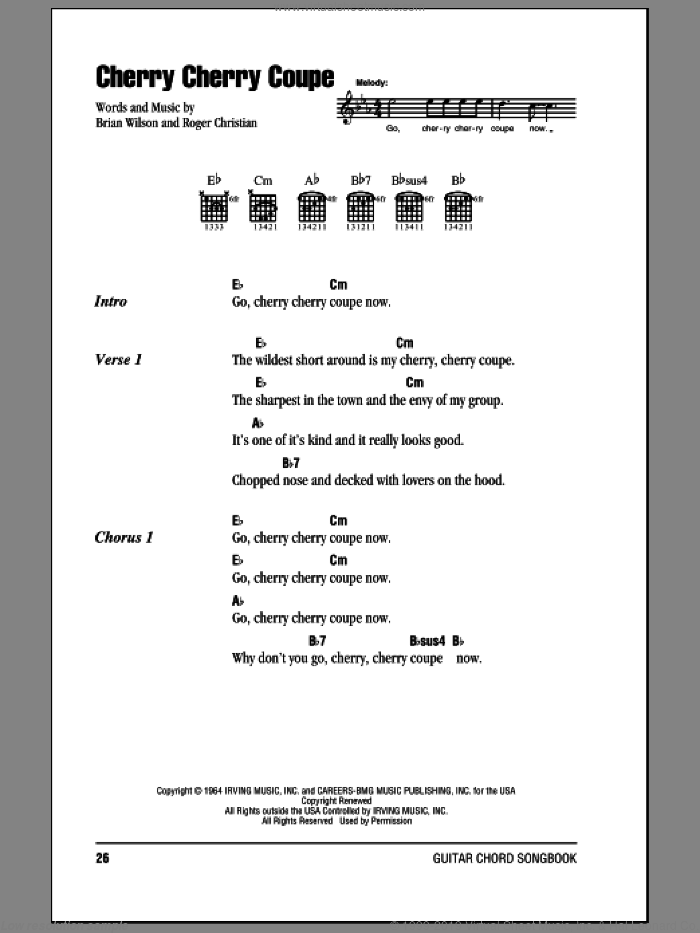 Cherry Cherry Coupe sheet music for guitar (chords) by The Beach Boys, Brian Wilson and Roger Christian, intermediate skill level