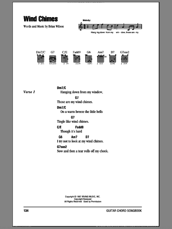 Wind Chimes sheet music for guitar (chords) by The Beach Boys, Brian Wilson and Van Dyke Parks, intermediate skill level