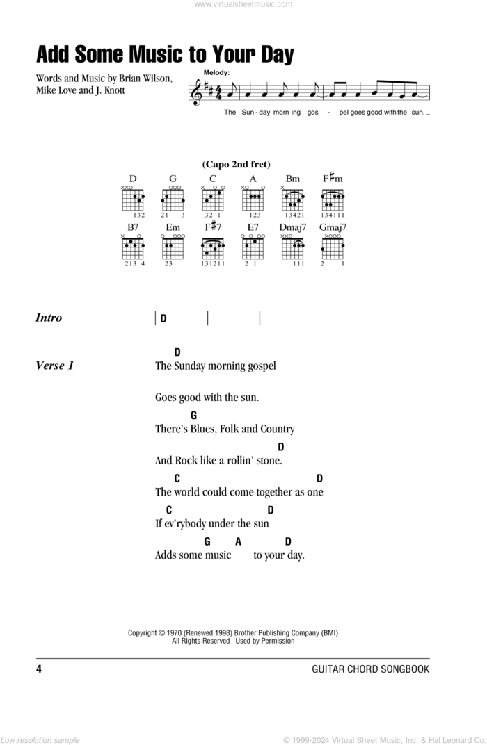 Add Some Music To Your Day sheet music for guitar (chords) by The Beach Boys, Brian Wilson, Joe Knott and Mike Love, intermediate skill level