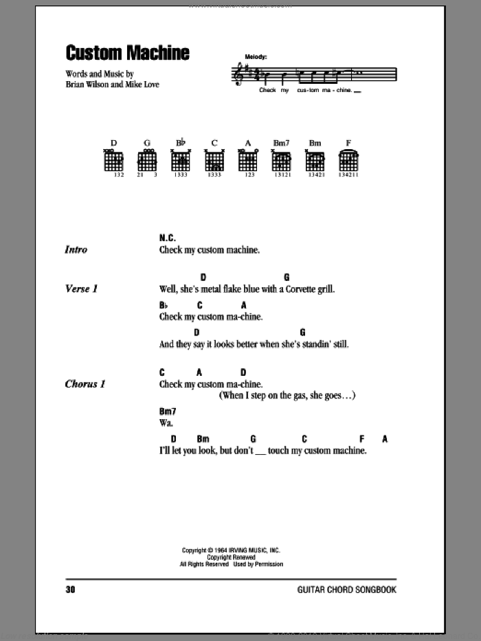 Custom Machine sheet music for guitar (chords) by The Beach Boys, Brian Wilson and Mike Love, intermediate skill level