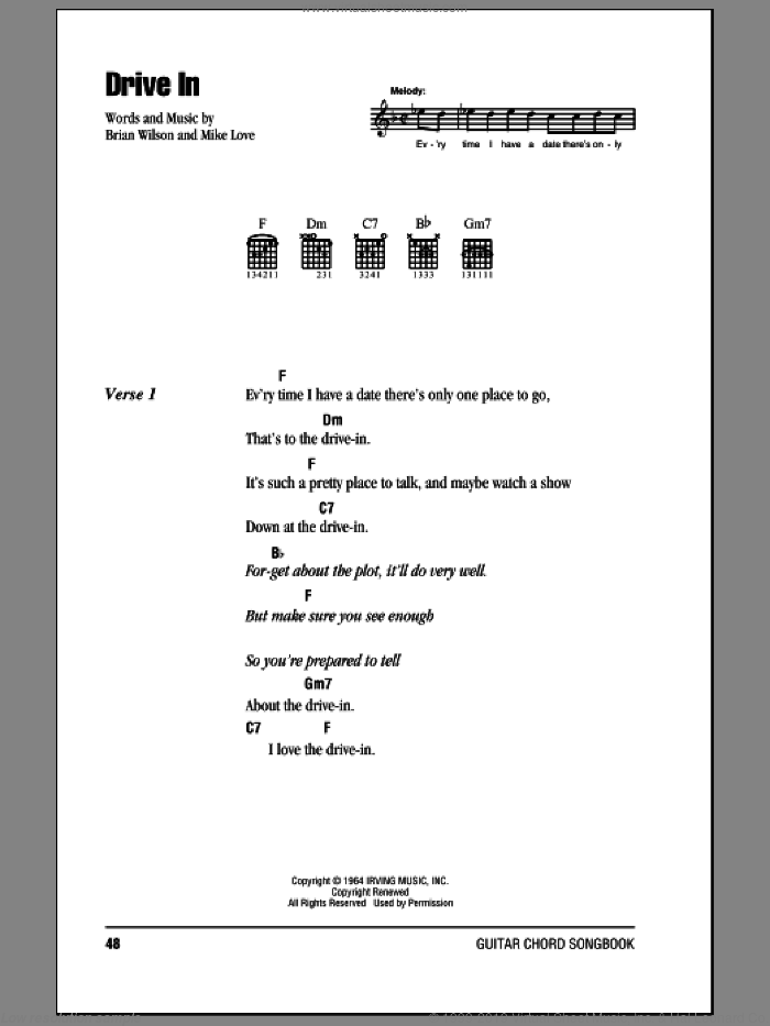 Drive In sheet music for guitar (chords) by The Beach Boys, Brian Wilson and Mike Love, intermediate skill level