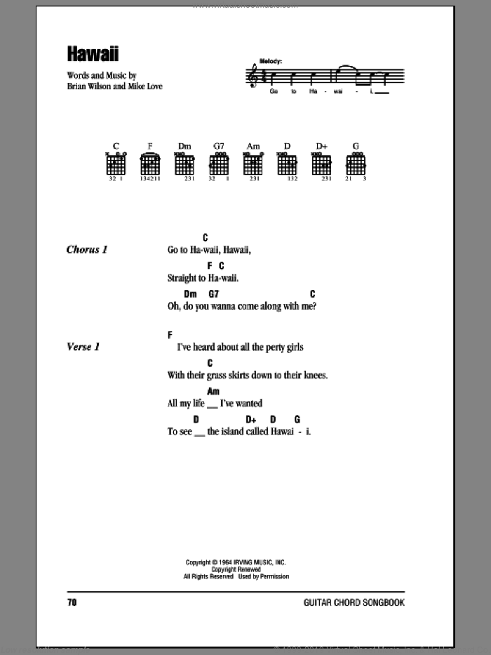 Hawaii sheet music for guitar (chords) by The Beach Boys, Brian Wilson and Mike Love, intermediate skill level