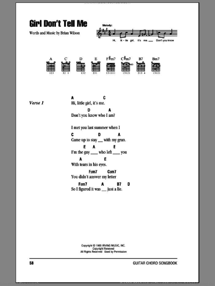 Girl Don't Tell Me sheet music for guitar (chords) by The Beach Boys and Brian Wilson, intermediate skill level