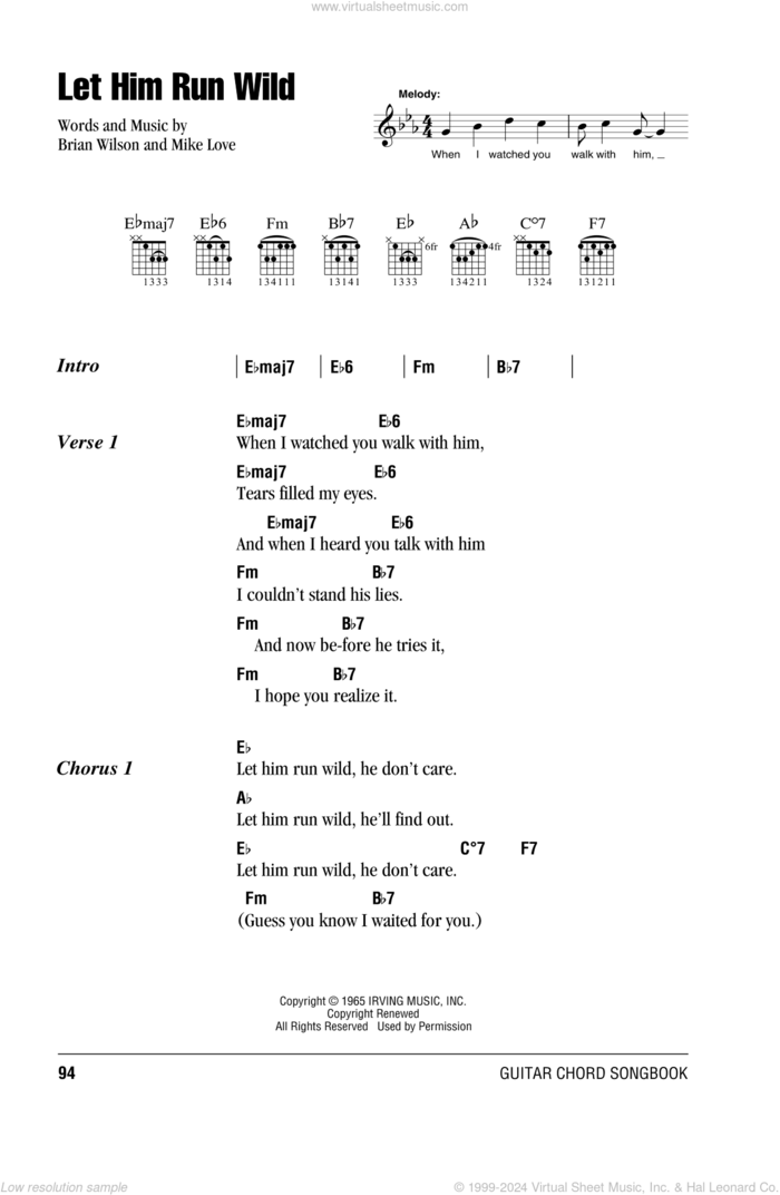 Let Him Run Wild sheet music for guitar (chords) by The Beach Boys, Brian Wilson and Mike Love, intermediate skill level