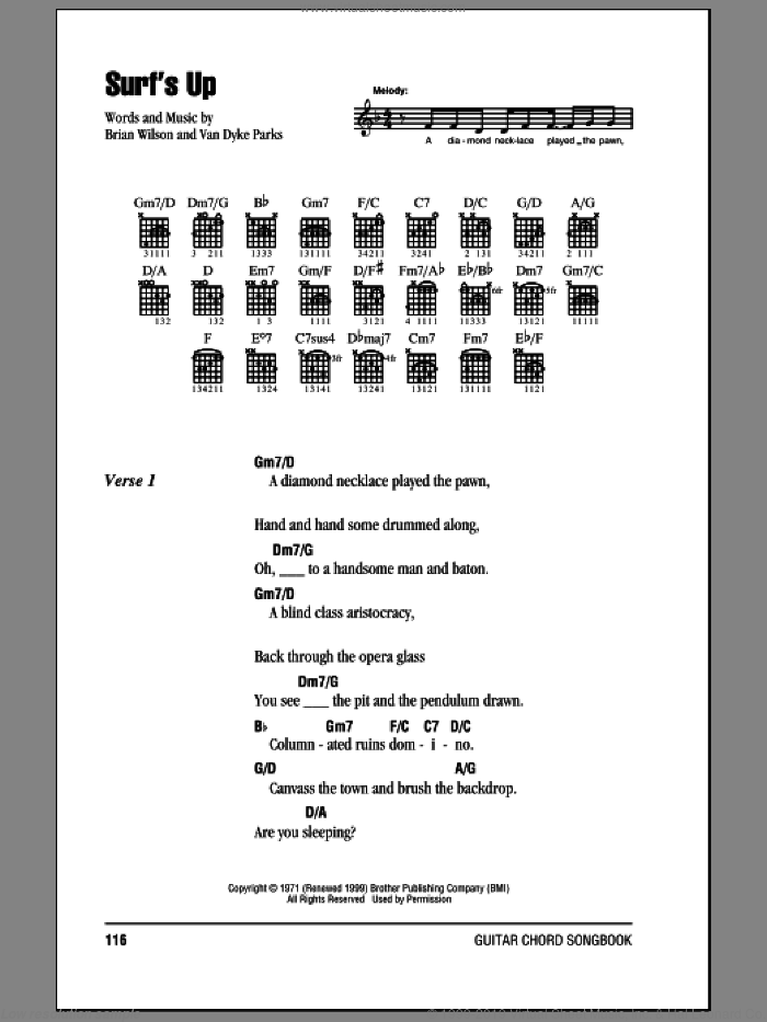Surf's Up sheet music for guitar (chords) by The Beach Boys, Brian Wilson and Van Dyke Parks, intermediate skill level