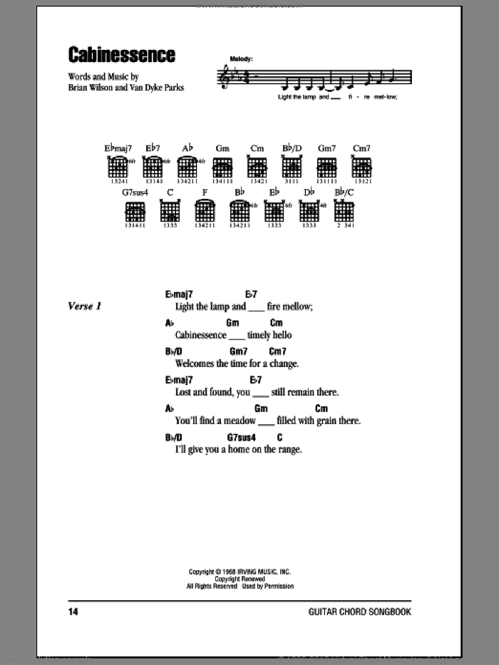 Cabinessence sheet music for guitar (chords) by The Beach Boys, Brian Wilson and Van Dyke Parks, intermediate skill level