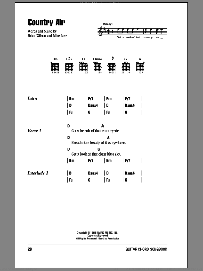 Country Air sheet music for guitar (chords) by The Beach Boys, Brian Wilson and Mike Love, intermediate skill level