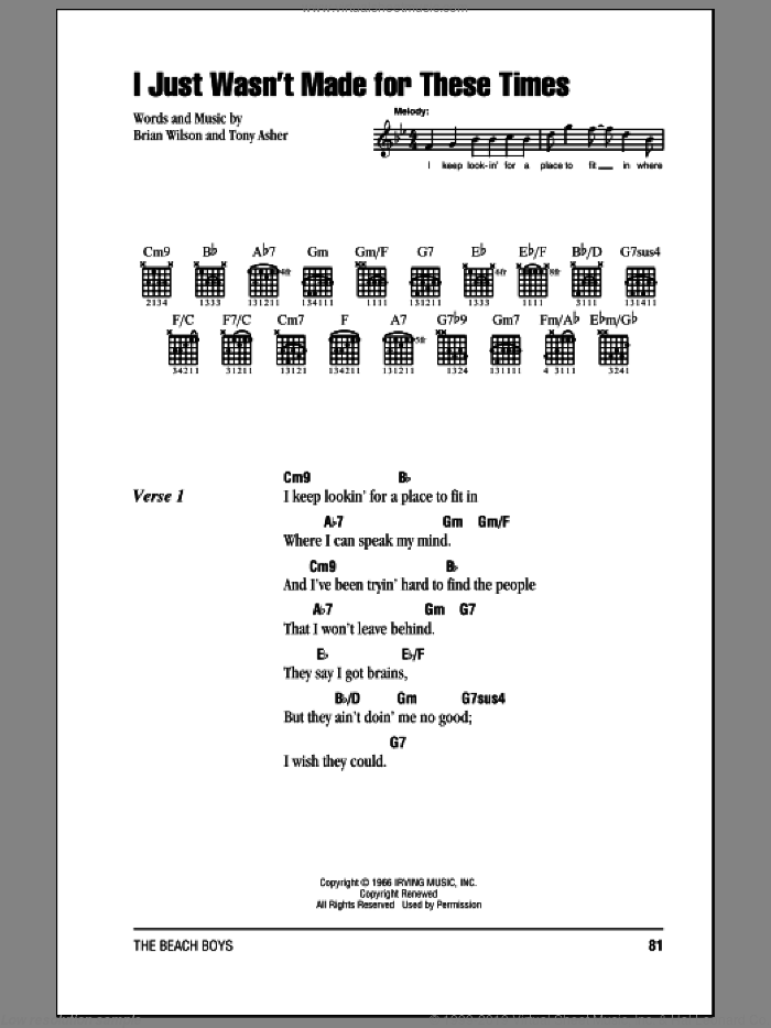 I Just Wasn't Made For These Times sheet music for guitar (chords) by The Beach Boys, Brian Wilson and Tony Asher, intermediate skill level