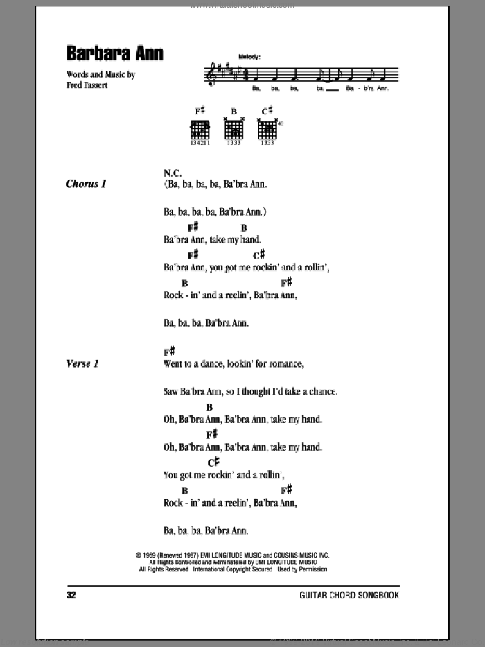 Barbara Ann sheet music for guitar (chords) by The Beach Boys, The Regents and Fred Fassert, intermediate skill level