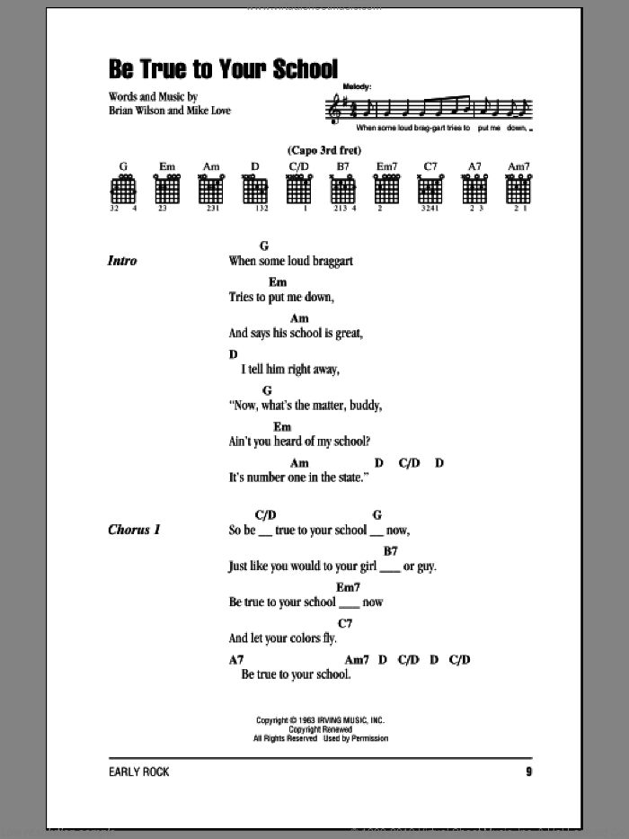 Be True To Your School sheet music for guitar (chords) by The Beach Boys, Brian Wilson and Mike Love, intermediate skill level