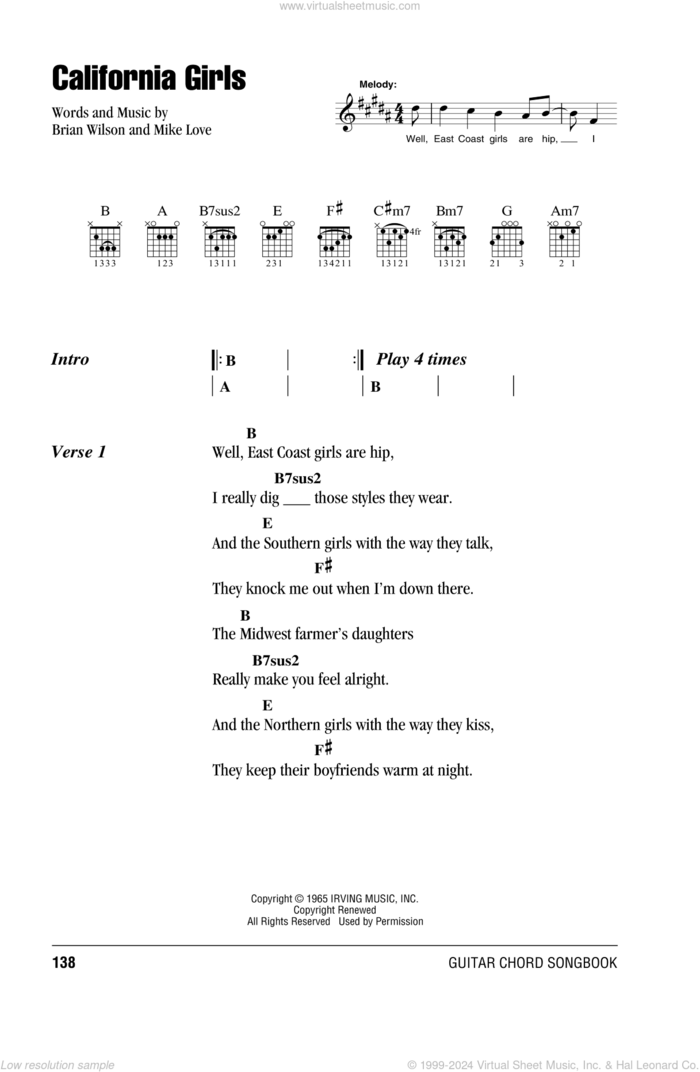 California Girls sheet music for guitar (chords) by The Beach Boys, Brian Wilson and Mike Love, intermediate skill level