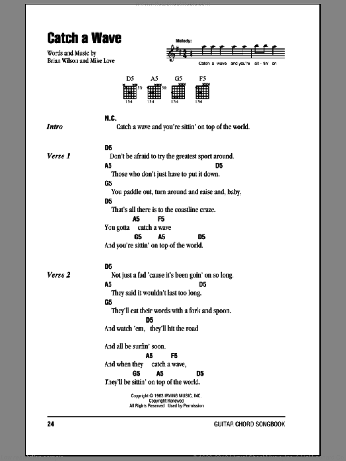 Catch A Wave sheet music for guitar (chords) by The Beach Boys, Brian Wilson and Mike Love, intermediate skill level