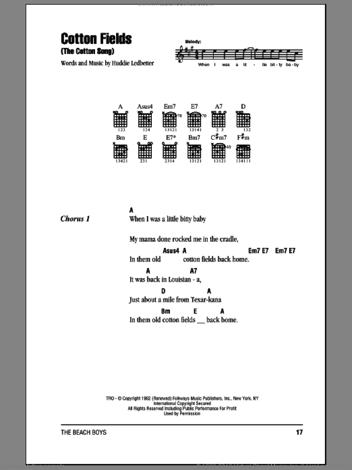 Cotton Fields (The Cotton Song) sheet music for guitar (chords) by The Beach Boys, Creedence Clearwater Revival, Lead Belly, The Highwaymen and Huddie Ledbetter, intermediate skill level