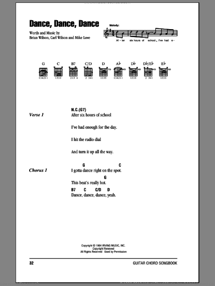 Dance, Dance, Dance sheet music for guitar (chords) by The Beach Boys, Brian Wilson, Carl Wilson and Mike Love, intermediate skill level