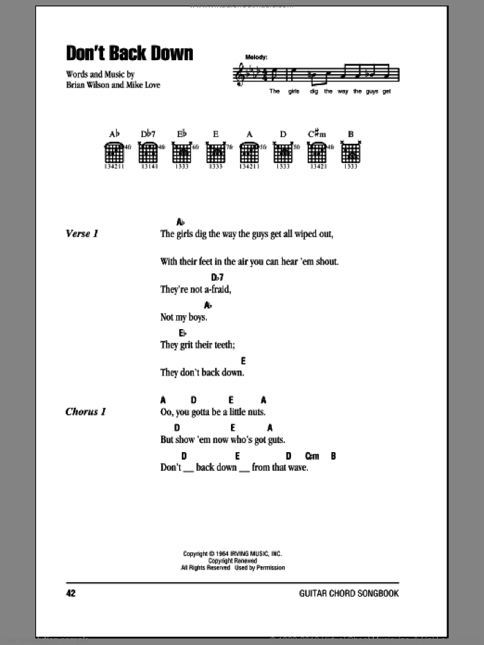Don't Back Down sheet music for guitar (chords) by The Beach Boys, Brian Wilson and Mike Love, intermediate skill level